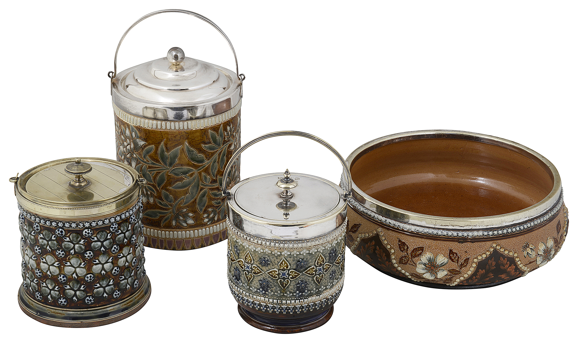 Three Doulton Lambeth stoneware biscuit barrels and a salad bowl (4)