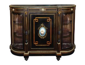 A Victorian ebonised and satinwood banded credenza