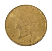 An American 1904 $20 dollar double eagle Liberty head gold coin