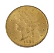 An American 1904 $20 dollar double eagle Liberty head gold coin