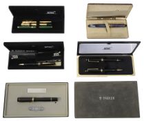 A collection of fountain and ballpoint pens to include Mont Blanc