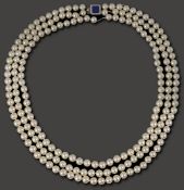 A French three strand cultured pearl necklace