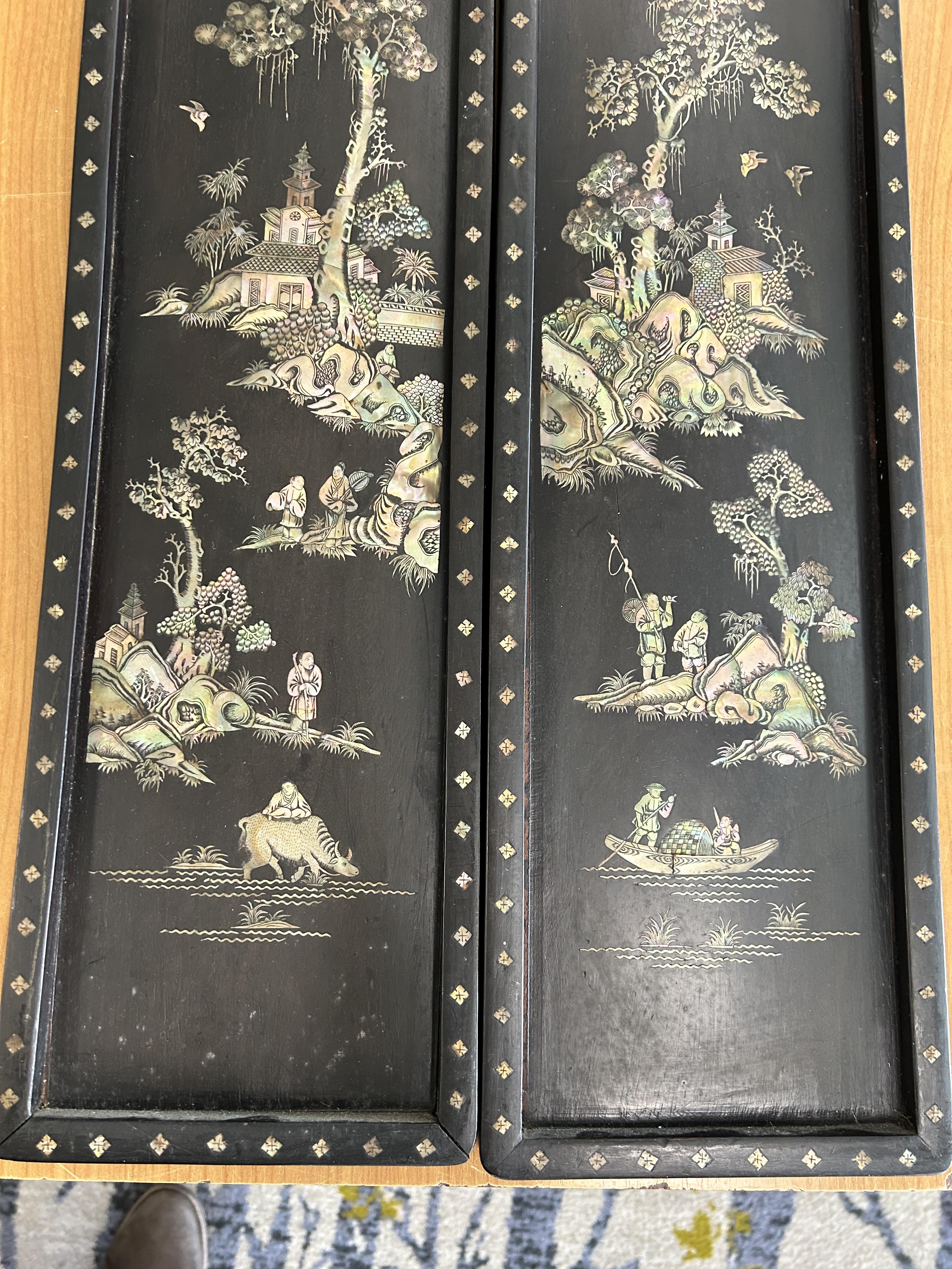 A pair of Chinese mother of pearl inlaid rosewood wall panels c.1900 - Image 3 of 8