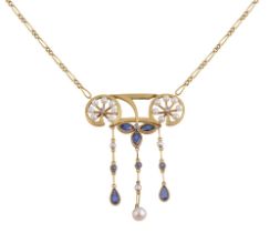 A French Art Nouveau sapphire, seed pearl and yellow gold pendant