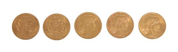 France. Third Republic, Five gold 20 Francs, 1912, 2x1913, 2x1914 (5)