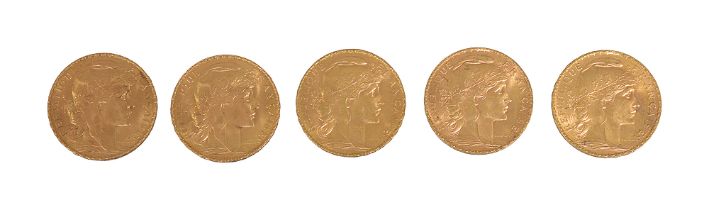 France. Third Republic, Five gold 20 Francs, 1912, 2x1913, 2x1914 (5)