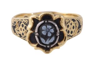 An 18ct yellow gold, agate and black enamel memorial ring