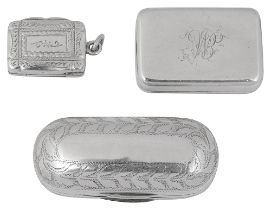 George III silver snuff box and two vinaigrettes