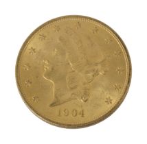 An American 1904 $20 dollar double eagle Liberty head gold coin