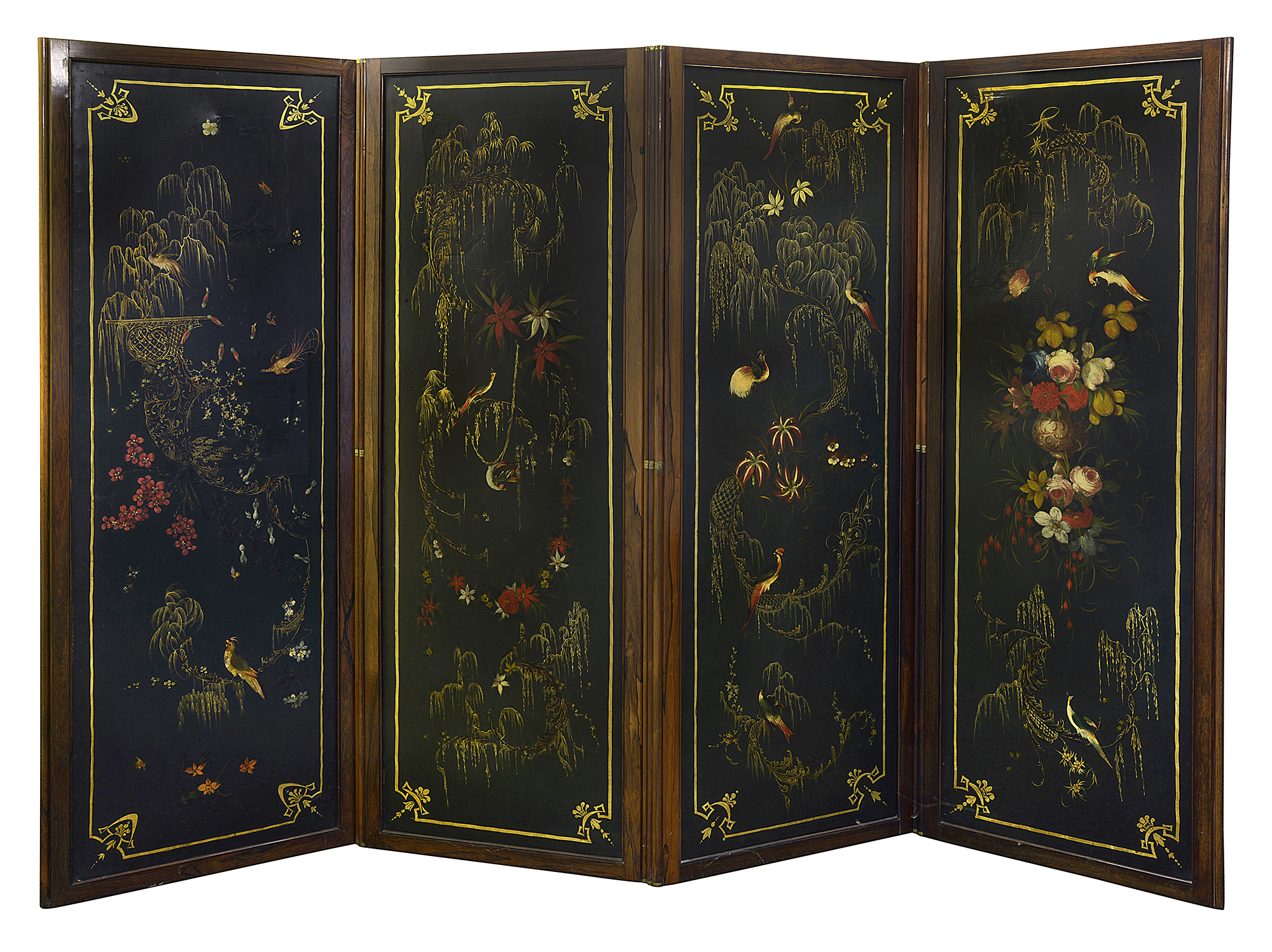 An early Victorian rosewood framed four fold room screen - Image 7 of 8