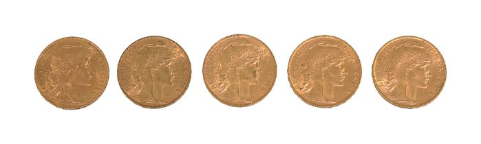 France. Third Republic, Five gold 20 Francs, 1904, 3x1905, 1907 (5)