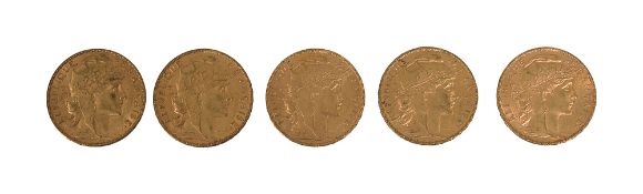 France. Third Republic, Five gold 20 Francs, 1899, 1902, 1903, 2x1904