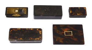 Four 19th century horn and tortoiseshell snuff boxes and a cigarette case