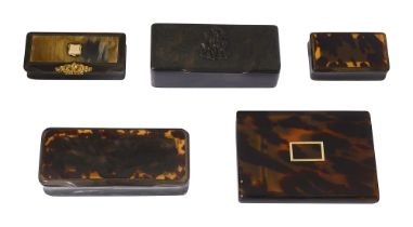 Four 19th century horn and tortoiseshell snuff boxes and a cigarette case