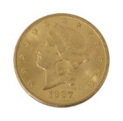 An American 1907 $20 dollar double eagle Liberty head gold coin