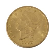 An American 1907 $20 dollar double eagle Liberty head gold coin