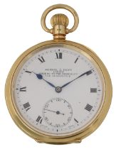 An 18ct gold open faced keyless pocket watch