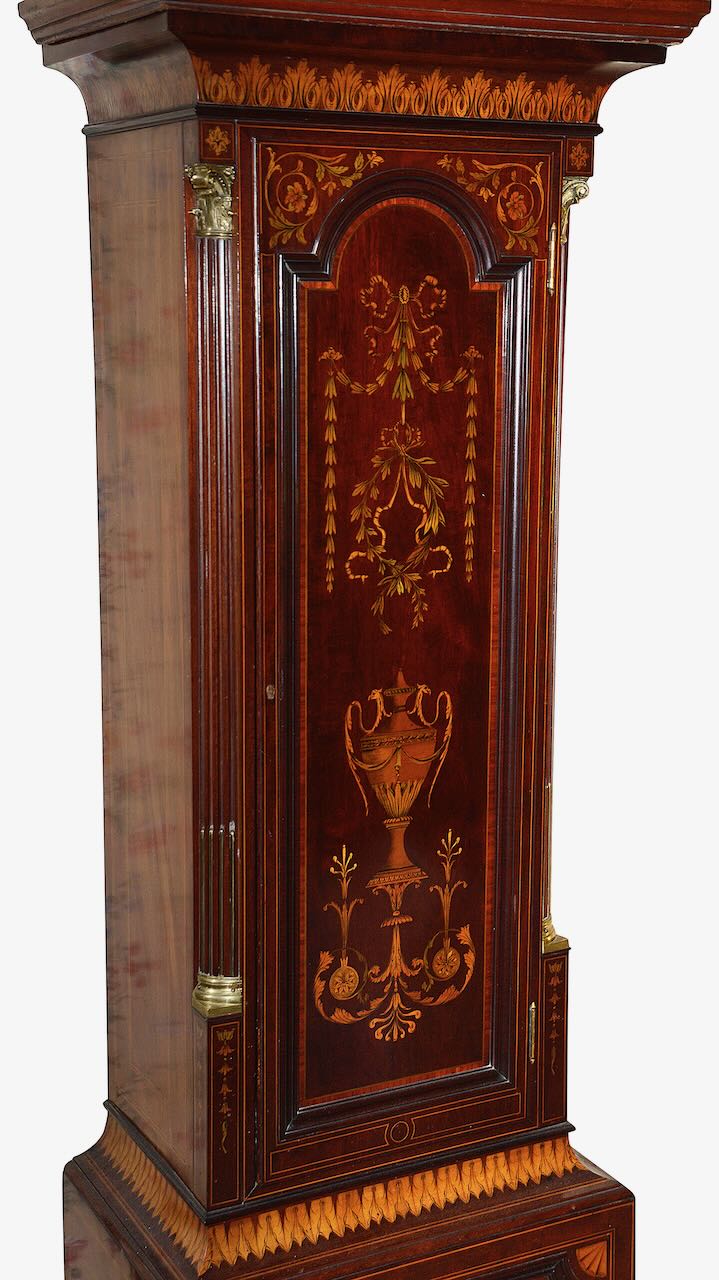 A late Victorian Sheraton Revival mahogany and marquetry long case clock with moonphase - Image 5 of 25