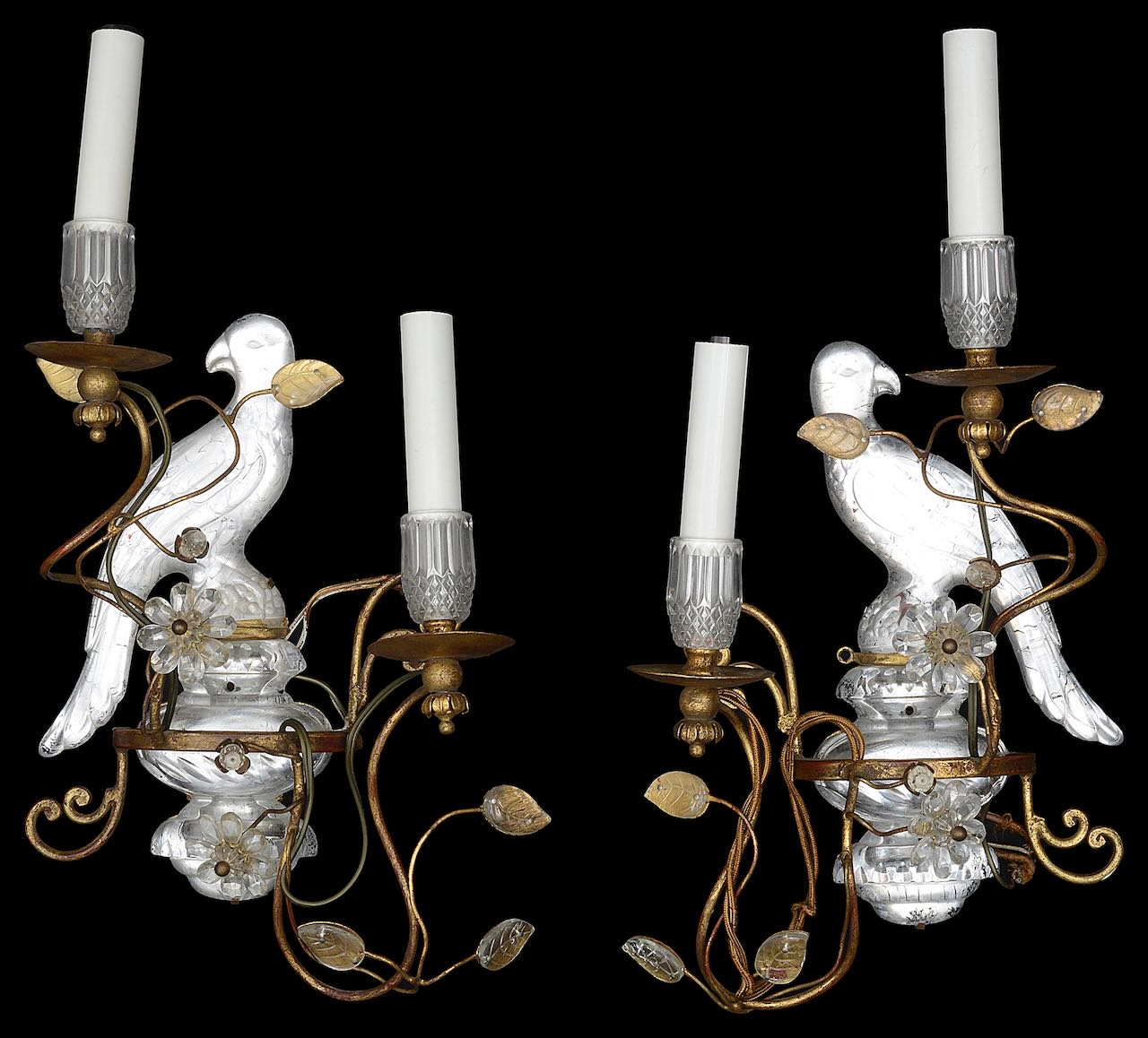 A pair of French two light crystal and gilt metal 'Parrot' wall appliques