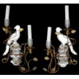 A pair of French two light crystal and gilt metal 'Parrot' wall appliques