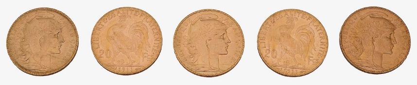 France. Third Republic, Five gold 20 Francs, 1911, (5)