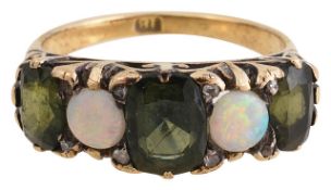 A green sapphire and opal five stone ring