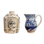 A late 18th century pearlware tea canister and a sparrowbeak cream jug