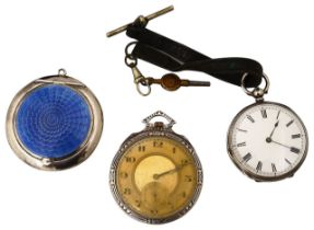A George V silver and blue guilloche enamel powder compact and two pocket watches