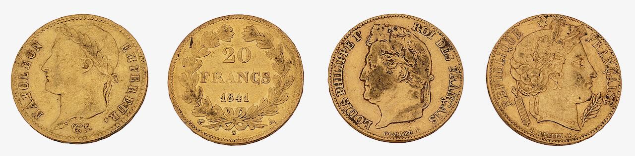 France. Napoleon I, Louis Philippe I (2), Ceres, Four gold 20 Francs, 1811, 1840, 1841, 1851, (4)