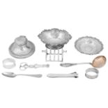 A George V silver capstan inkwell, two bonbon dishes and other items
