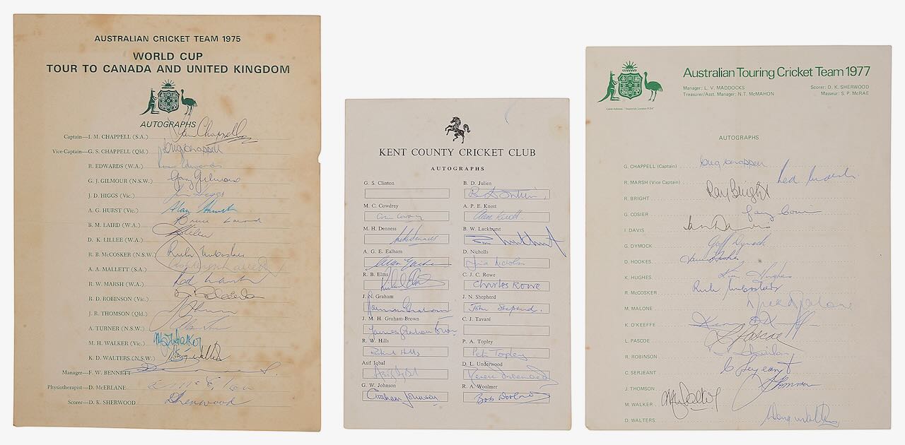 Cricket Autographs: Australian 1975 CWC & 1977 UK Squad(s), Kent 1977
