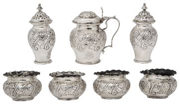 A late Victorian silver seven piece cruet set
