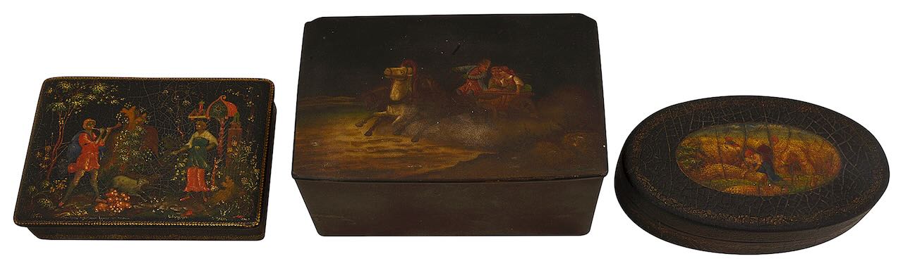 A late 19thC Russian Vishnyakov lacquered tea caddy + two other boxes