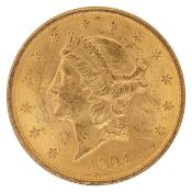 An American 1904 $20 dollar double eagle Liberty gold coin