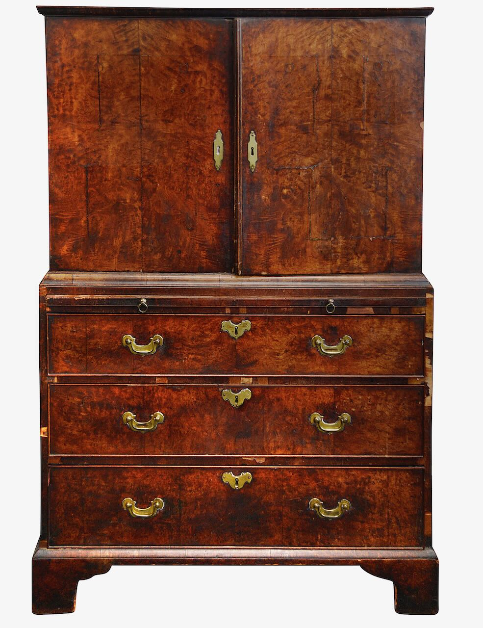 A George I burr walnut cabinet on chest