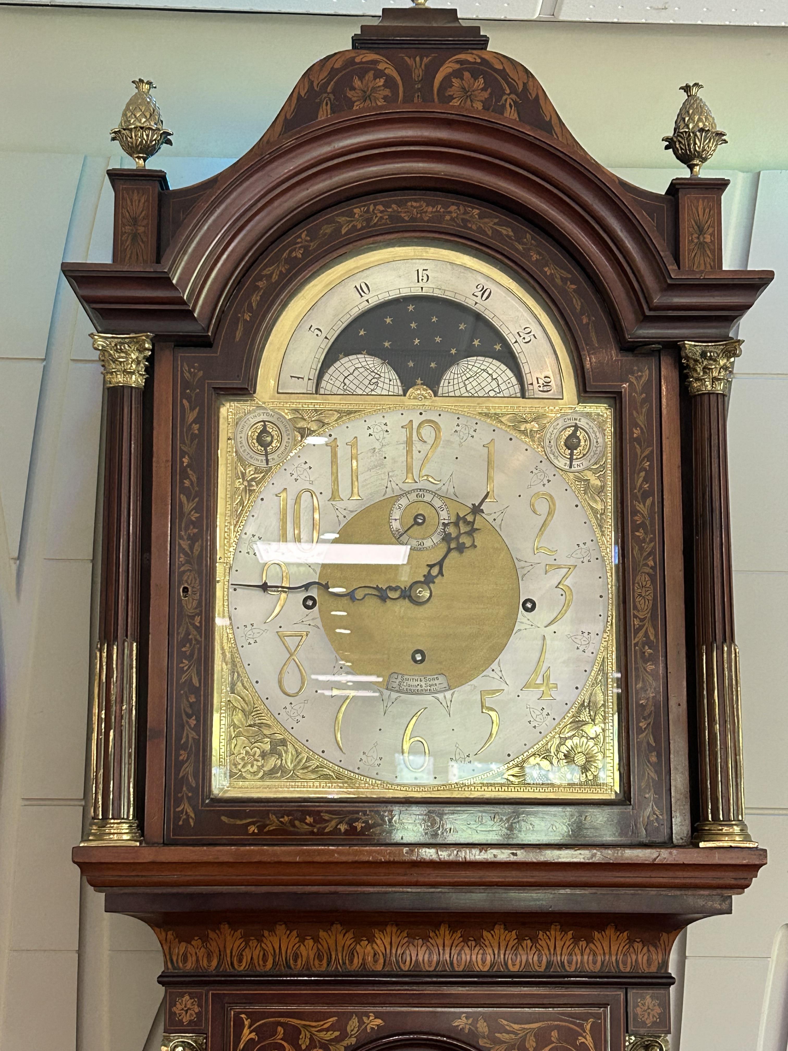 A late Victorian Sheraton Revival mahogany and marquetry long case clock with moonphase - Image 6 of 25