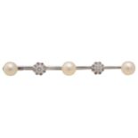 A cultured pearl & diamond bar brooch