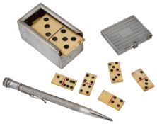 Silver cased set of dominoes, folding photograph frame and a pencil