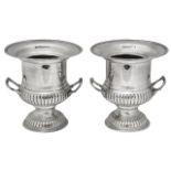 A pair of early 20th century silver plated on copper wine coolers