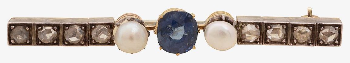 A sapphire, pearl and diamond-set bar brooch