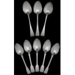 Five Victorian silver fiddle pattern tablespoons + three George III Old English pattern tablespoons