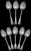 Five Victorian silver fiddle pattern tablespoons + three George III Old English pattern tablespoons