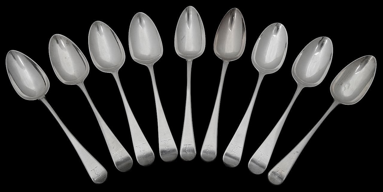 Nine George III silver Old English pattern tablespoons