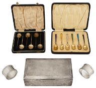 A George V silver-gilt and enamel cased set of coffee spoons + other silver