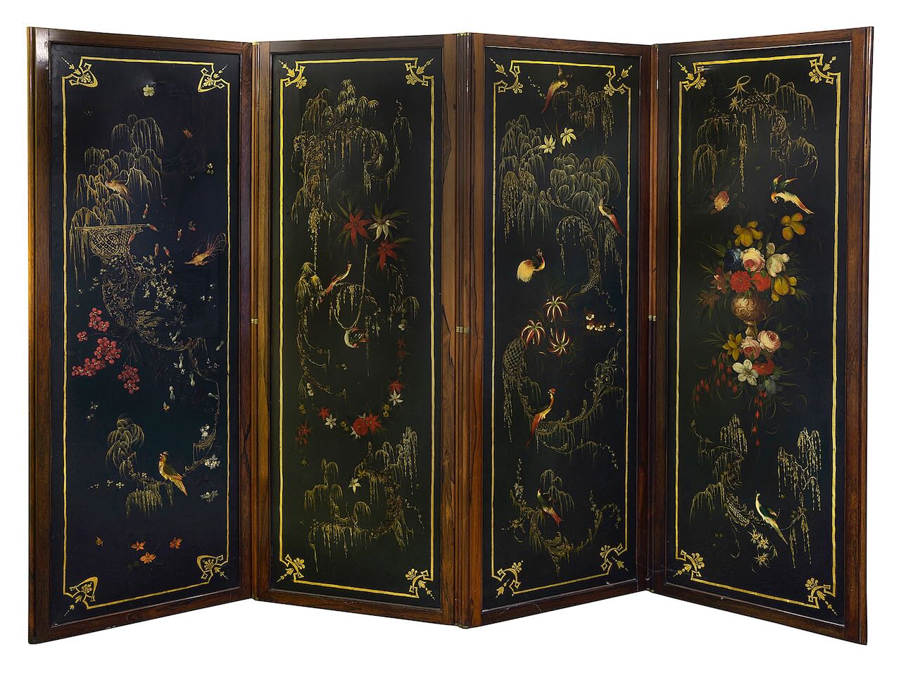 An early Victorian rosewood framed four fold room screen - Image 2 of 7