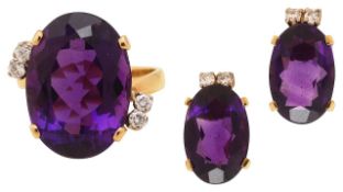 An amethyst and diamond-set ring and and a pair of ear-studs