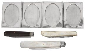 A modern silver pocket photograph frame + three folding fruit knives