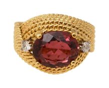 A mid 20th century red tourmaline and diamond-set ring