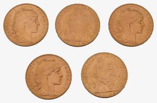 France. Third Republic, Five gold 20 Francs, 1913 x 4, 1914 x 1, (5)