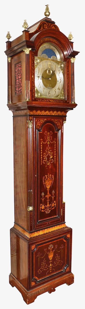 A late Victorian Sheraton Revival mahogany and marquetry long case clock with moonphase - Image 2 of 25